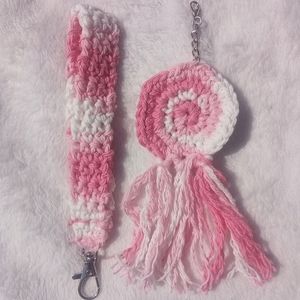 Handmade crocheted key Chain and wristlet set  ( breast cancer awareness )
